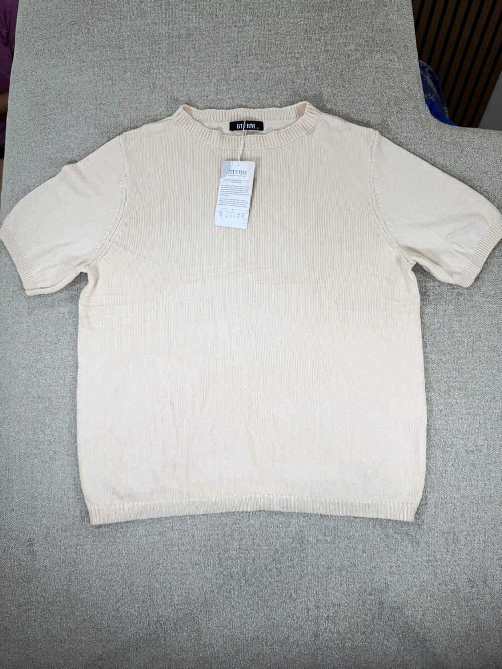 BTFBM Women's Beige Solid Knit Short Sleeve Crewneck Ribbed Trim Sweater S